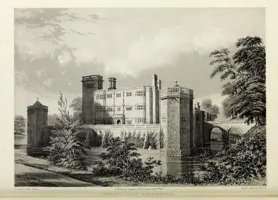 ציור משנת 1845 של Caverswall Castle בסטפורדשייר; לא נעשה שימוש בתמונה מודרנית חופשית של הטירה